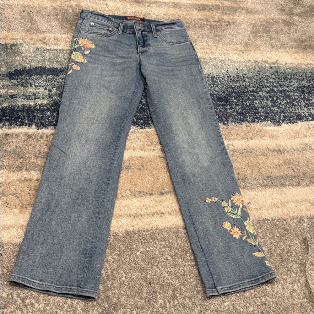 Lucky Brand Blue Straight Leg Jeans with Floral Embroidery